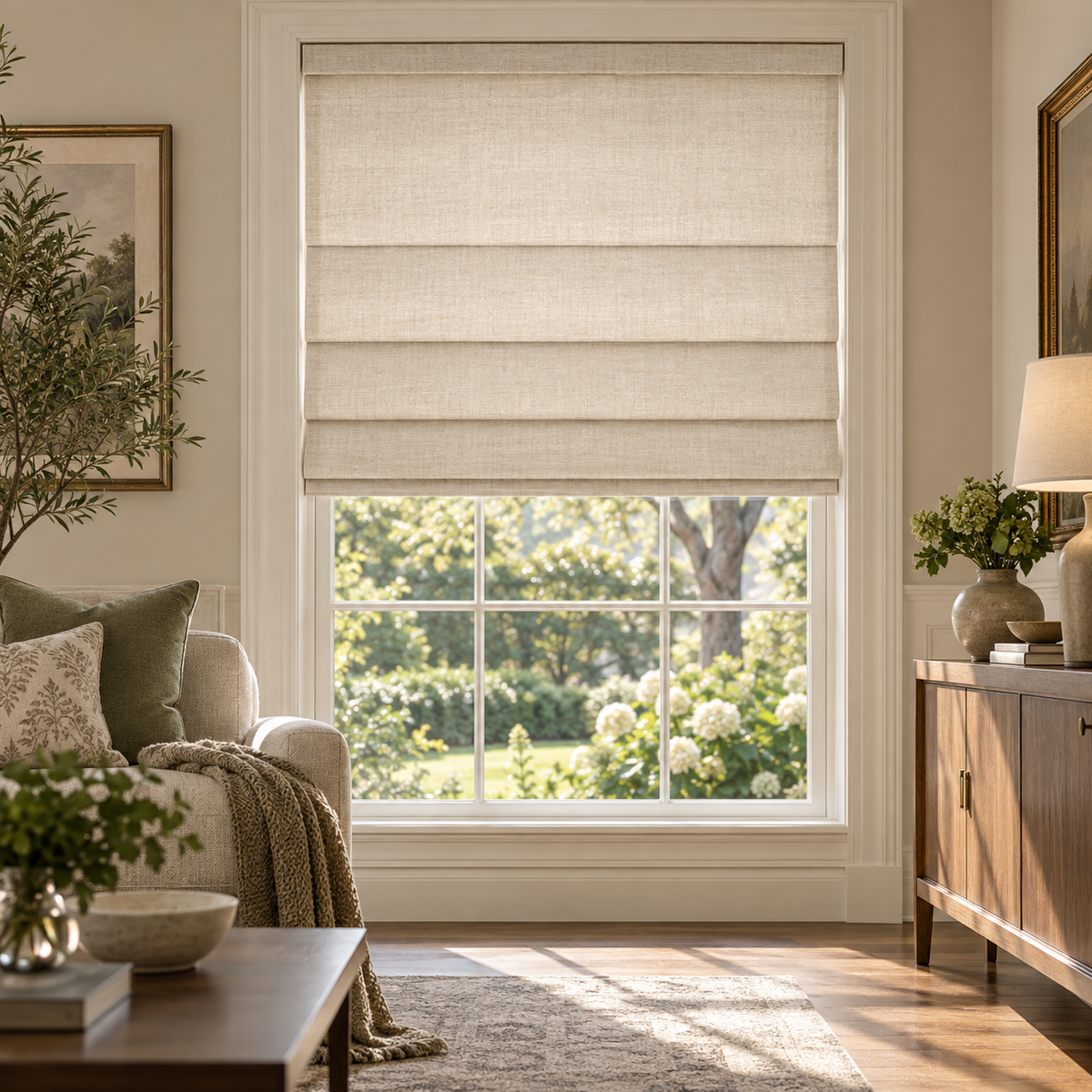 Tailored Roman shade in a calm home interior