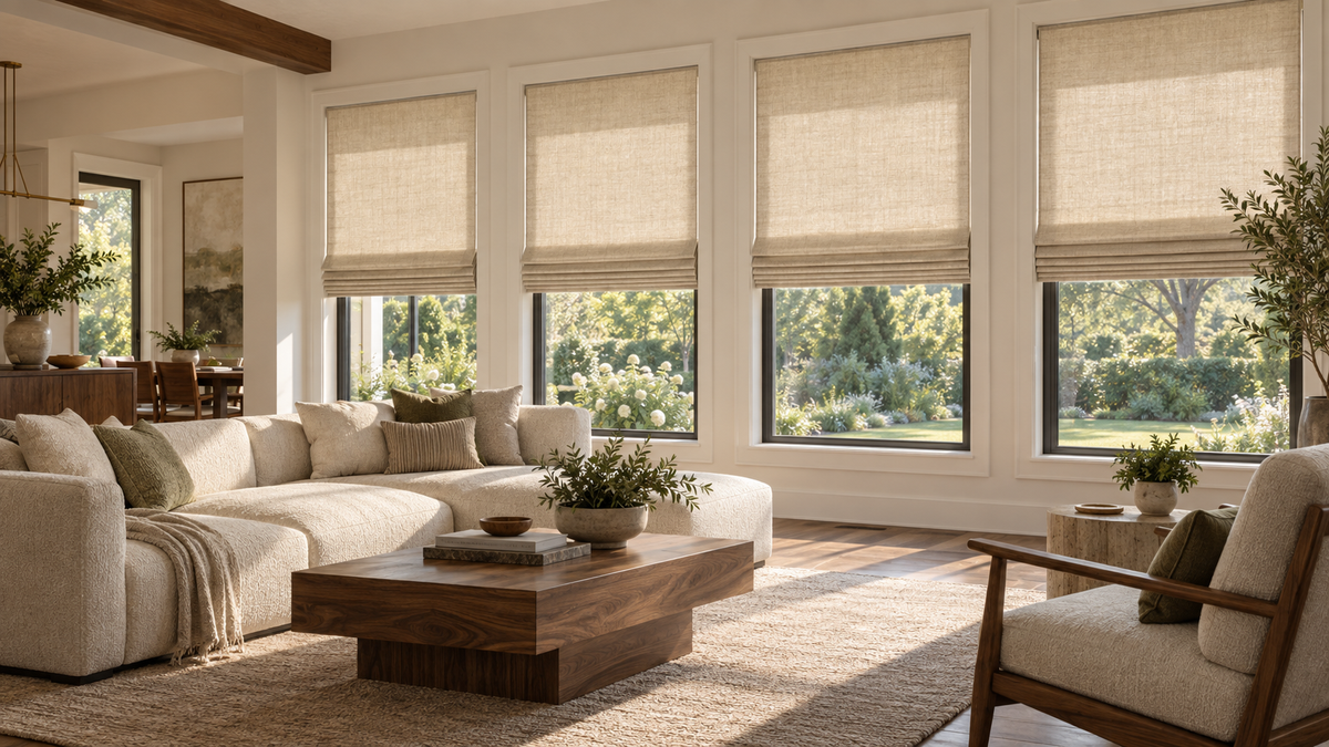 Smart custom Roman shades in an elegant light-filled living room